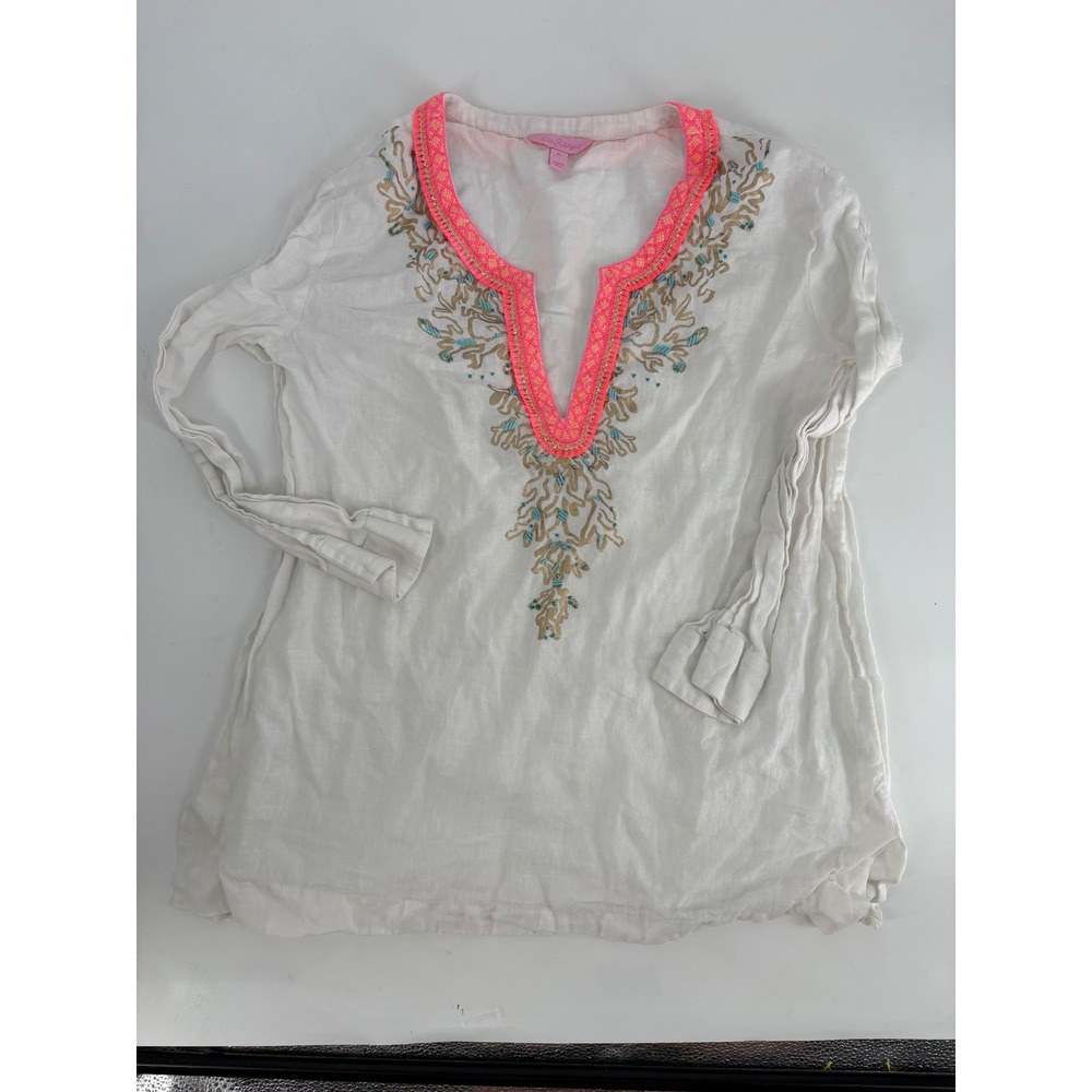 Lilly Pulitzer White Linen Tunic Top Neon Pink Gold Coral Embroidery XL